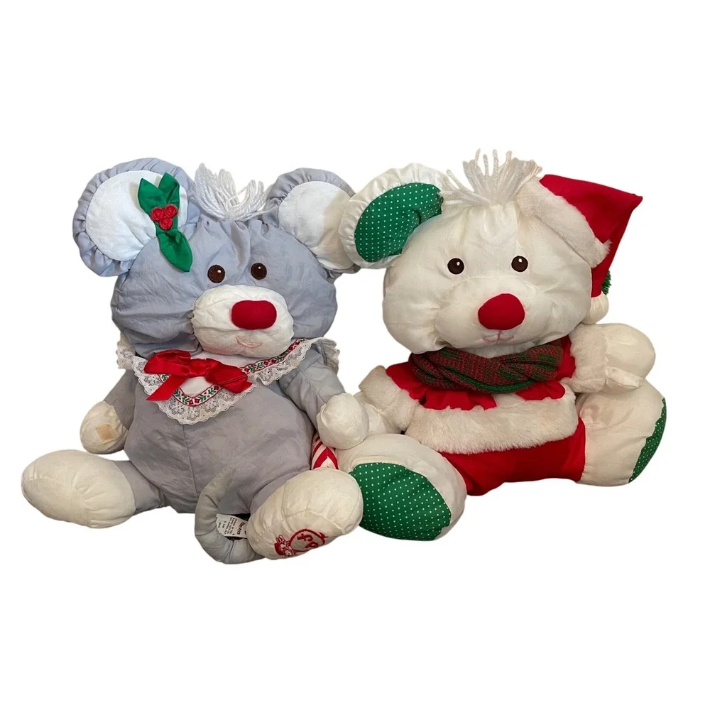 VTG 1991 Fisher-Price Christmas Puffalump‎ White Bear Grey Mouse Plush Santa